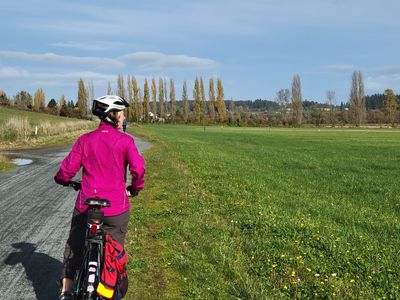 a view of the fields near Michell's Farm, with Cindy on her bike in the foreground