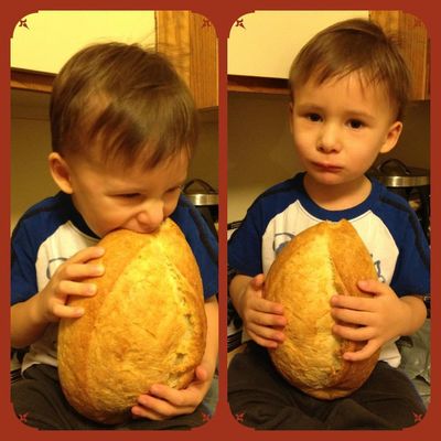A little Bootnik enjoying his unsliced French Loaf