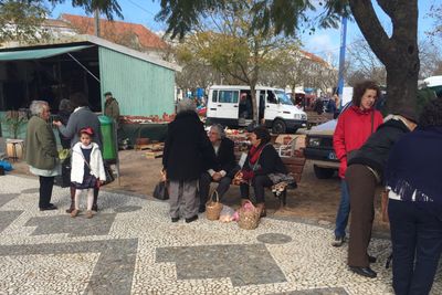old ladies visting on a bench, beside baskets full of market purchases.