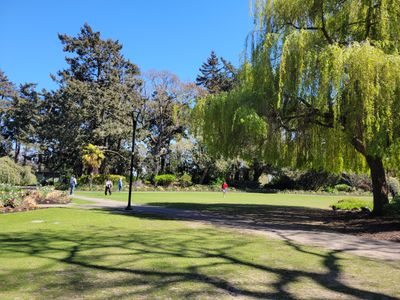 View from my park bench on a sunny spring day, lawns, trees and flower beds, with people walking happily through the park.