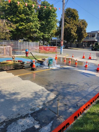 a jet of water shooting out of the street, due to a water main break, just off Cook Street