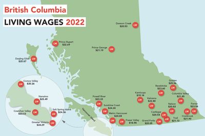 Map showing the 2022 living wage across BC