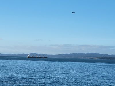 seaplane and cargo ship, Salish Sea, looking out toward Esquimalt from Dallas Road