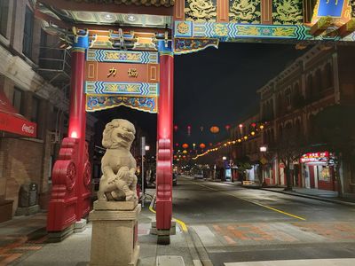the dragon at the Chinatown gate, Fisgard Street, Victoria, in the very early morning. There are coloured lanterns strung in rows above the street in the distance.