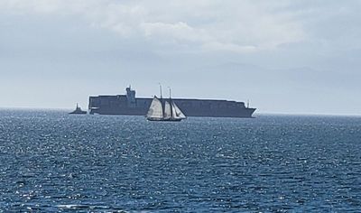 a canvas sailing schooner gliding past a massive steel container ship