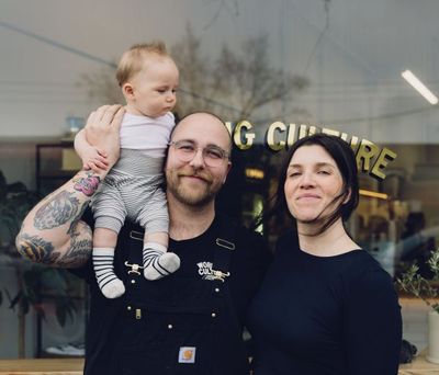 Jessica Rivers with husband Adam Christie and their baby Otto. Photo by Johann Vincent Photography