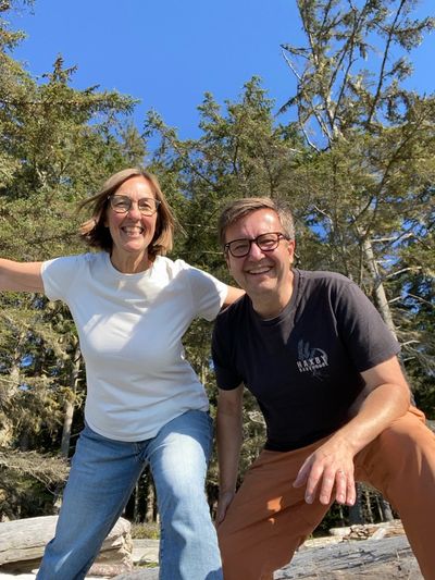 a low level selfie of Mark and Cindy looking extremely happy, French Beach