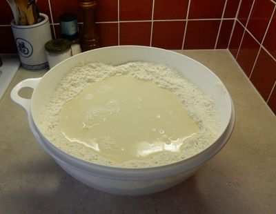 water in the middle of the flour