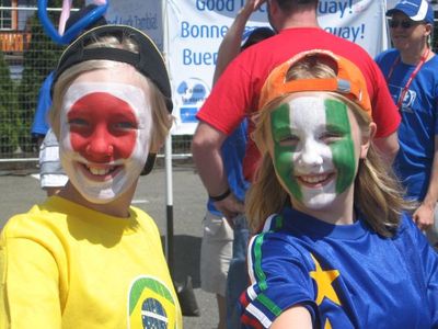 Ben and Robyn at the U20 World Cup, Victoria, covered in face paint