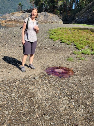 Cindy standing beside a 18 inch diameter, purple-red jellyfish, washed up on the beach