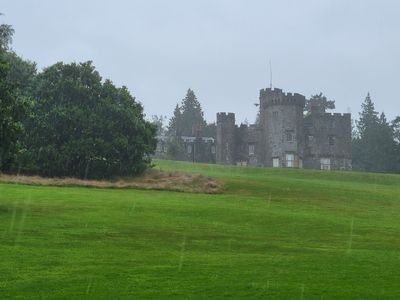 View of Balloch Castle, from underneath a too-small umbrella.